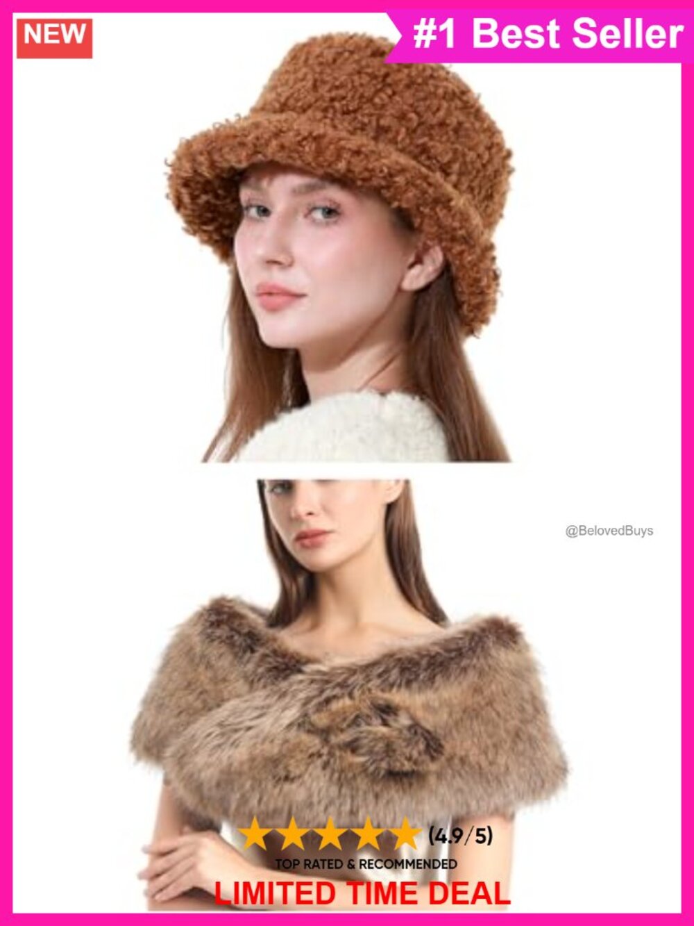 Faux Fur Bucket Hat and Collar Scarf 2 Piece Set One Size Winter